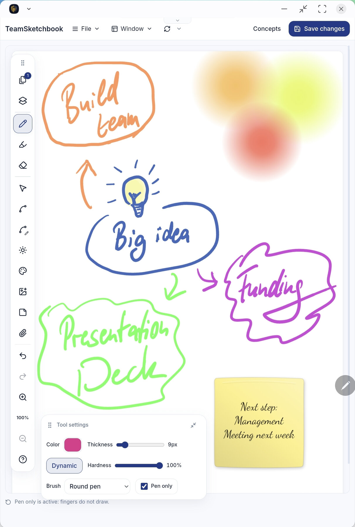TeamSketchbook canvas with a brainstorm sketch, a sticky note, the pen tool and the Tool settings panel open
