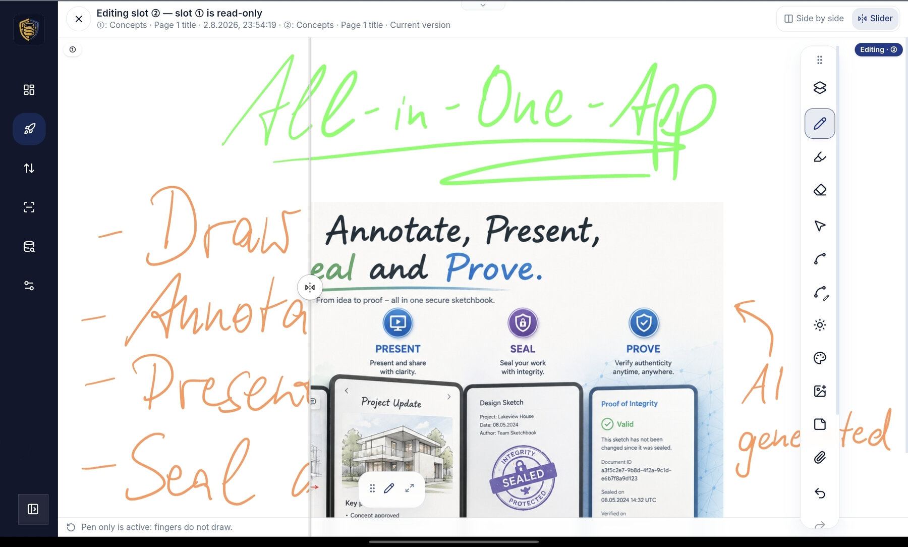 Slider compare view revealing the differences between an older revision and the current page