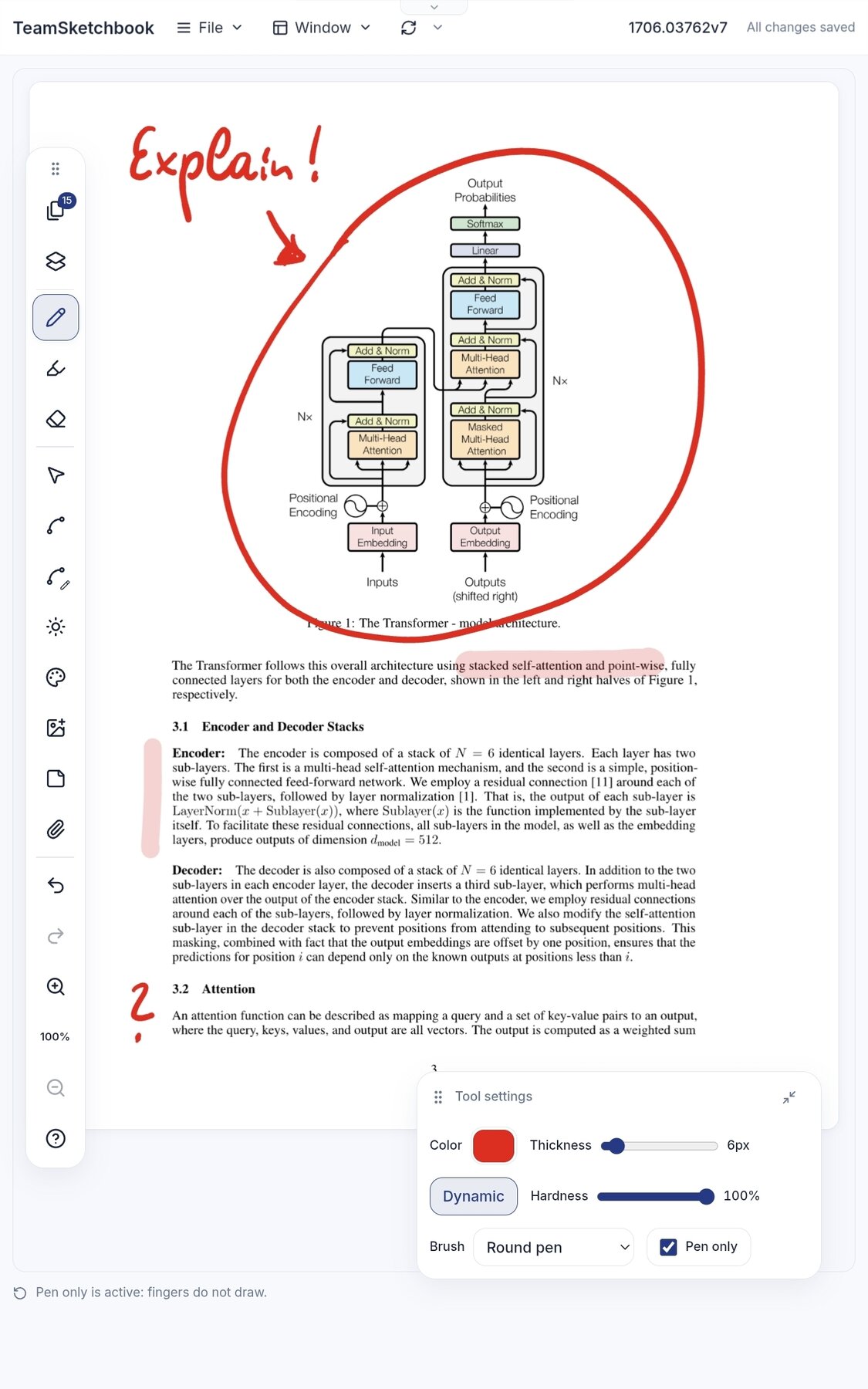 An imported PDF page annotated with red ink and pink highlighter over a Transformer architecture diagram