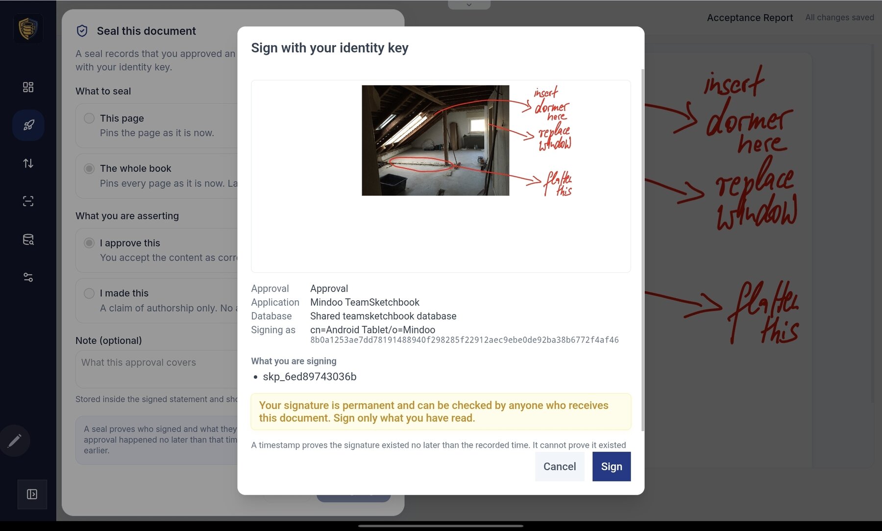 The Sign with your identity key dialog, showing a preview of an annotated acceptance report and the signer identity