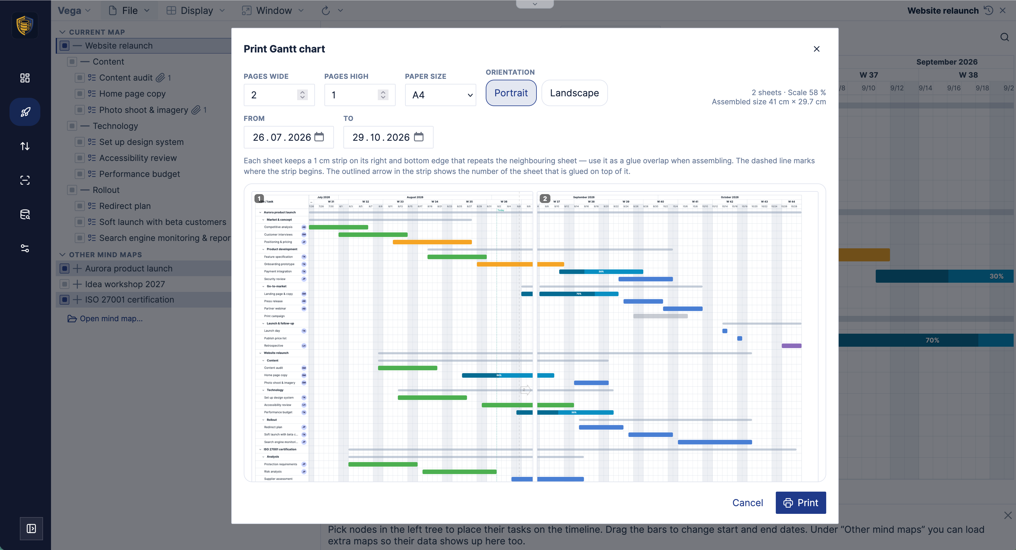 The Vega "Print Gantt chart" dialog: 2 pages wide by 1 high on A4 portrait, a from date of 26.07.2026 and a to date of 29.10.2026, reported as 2 sheets at 58 % scale and an assembled size of 41 cm × 29.7 cm, with a preview of the tiled timeline