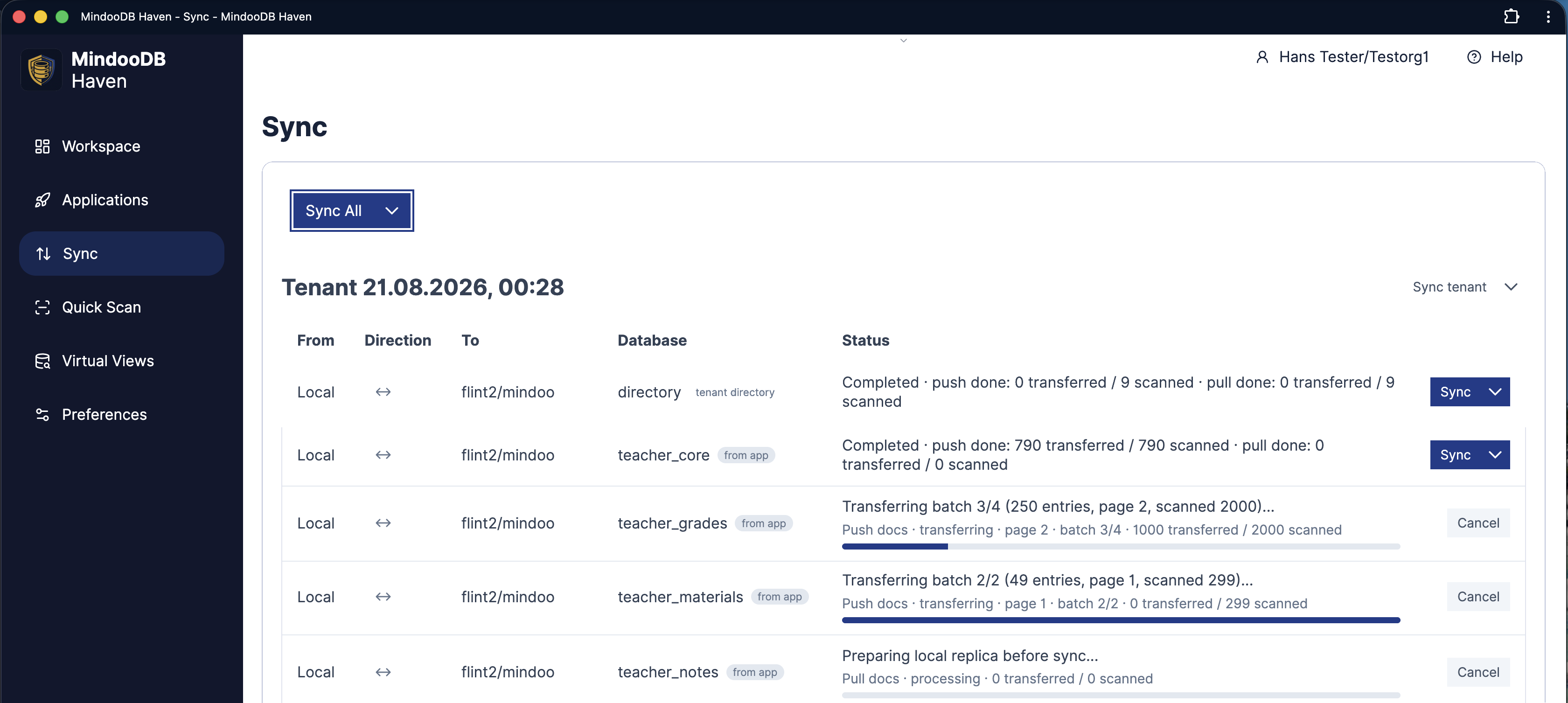 The Haven Sync page: a tenant syncing bidirectionally with flint2/mindoo, one row per database - directory completed with 0 transferred of 9 scanned in both directions, teacher_core completed with 790 transferred of 790 scanned, teacher_grades mid-flight on batch 3 of 4 with 1000 transferred of 2000 scanned, teacher_materials on batch 2 of 2 with 299 scanned, and teacher_notes preparing the local replica before sync, each row with its own Sync or Cancel button