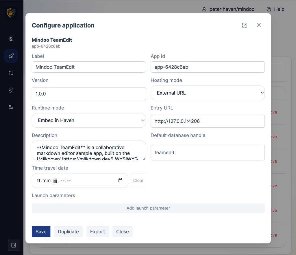 The new Time travel date field in Haven's Configure application dialog