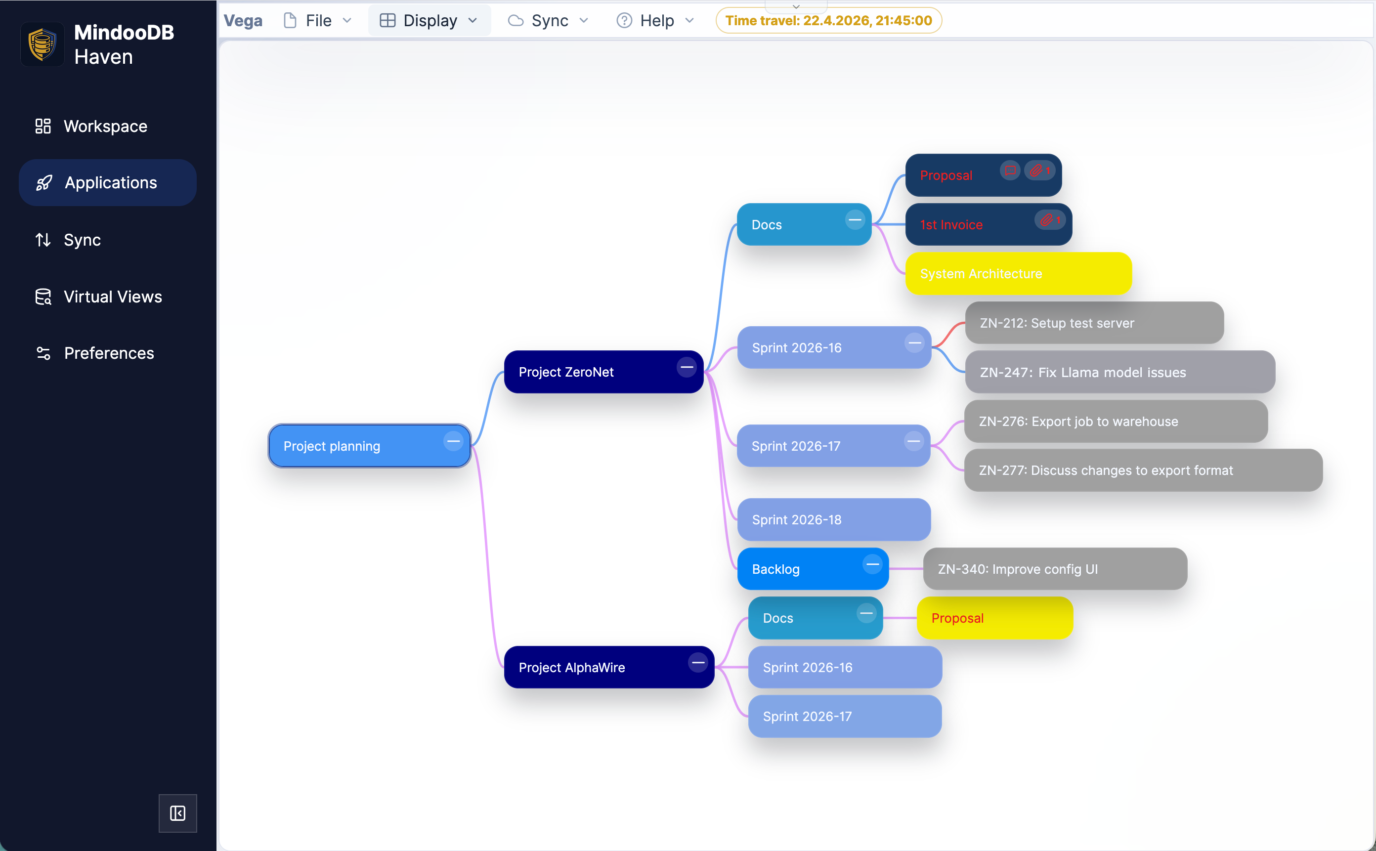 Travelling one minute earlier, to 21:45:00 - System Architecture is still rendered yellow, and the Proposal node under AlphaWire/Docs has just picked up a red edit indicator while it is being modified