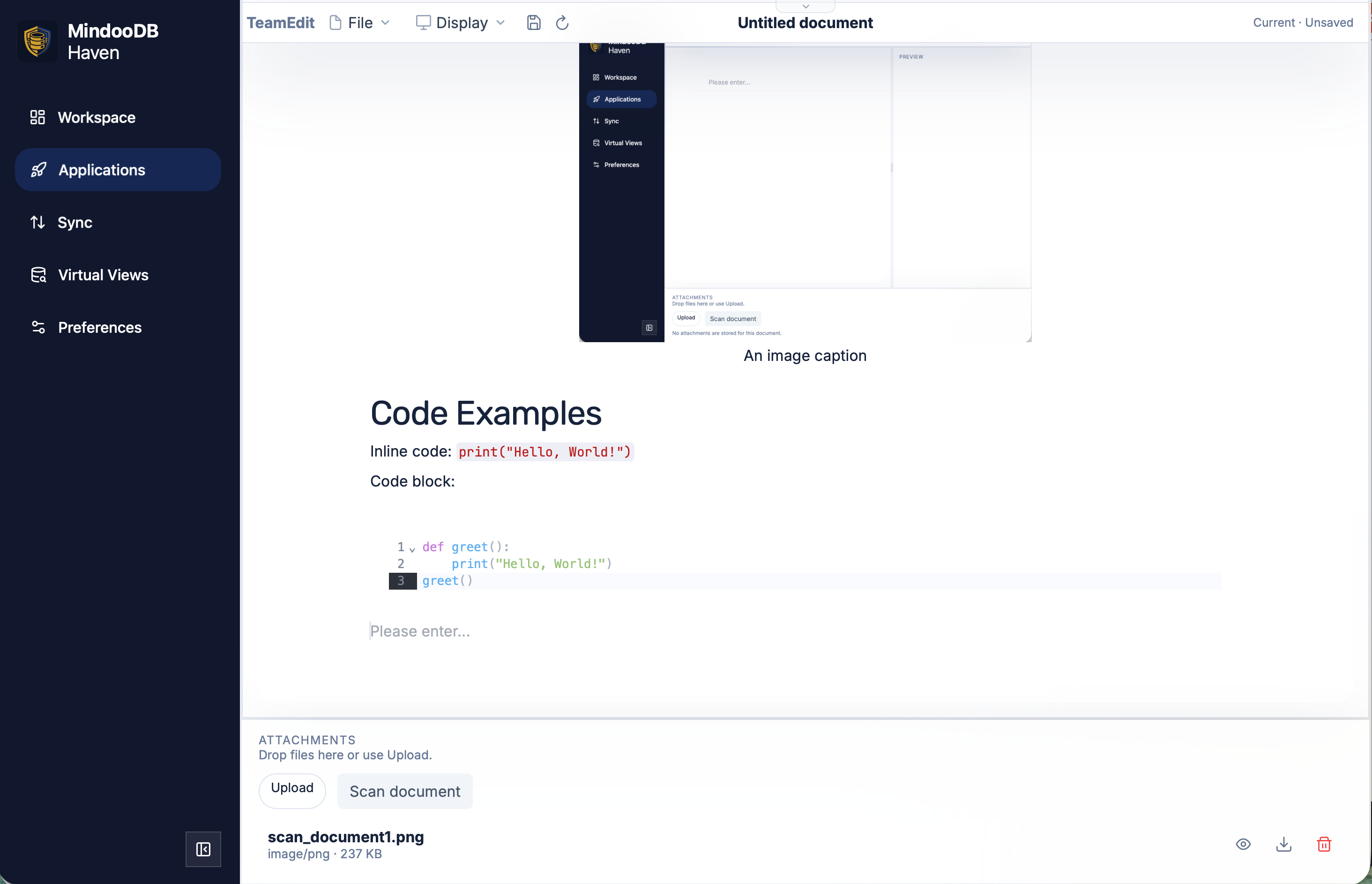 The TeamEdit attachments panel in MindooDB Haven, with the new Scan document button sitting right next to the existing Upload button