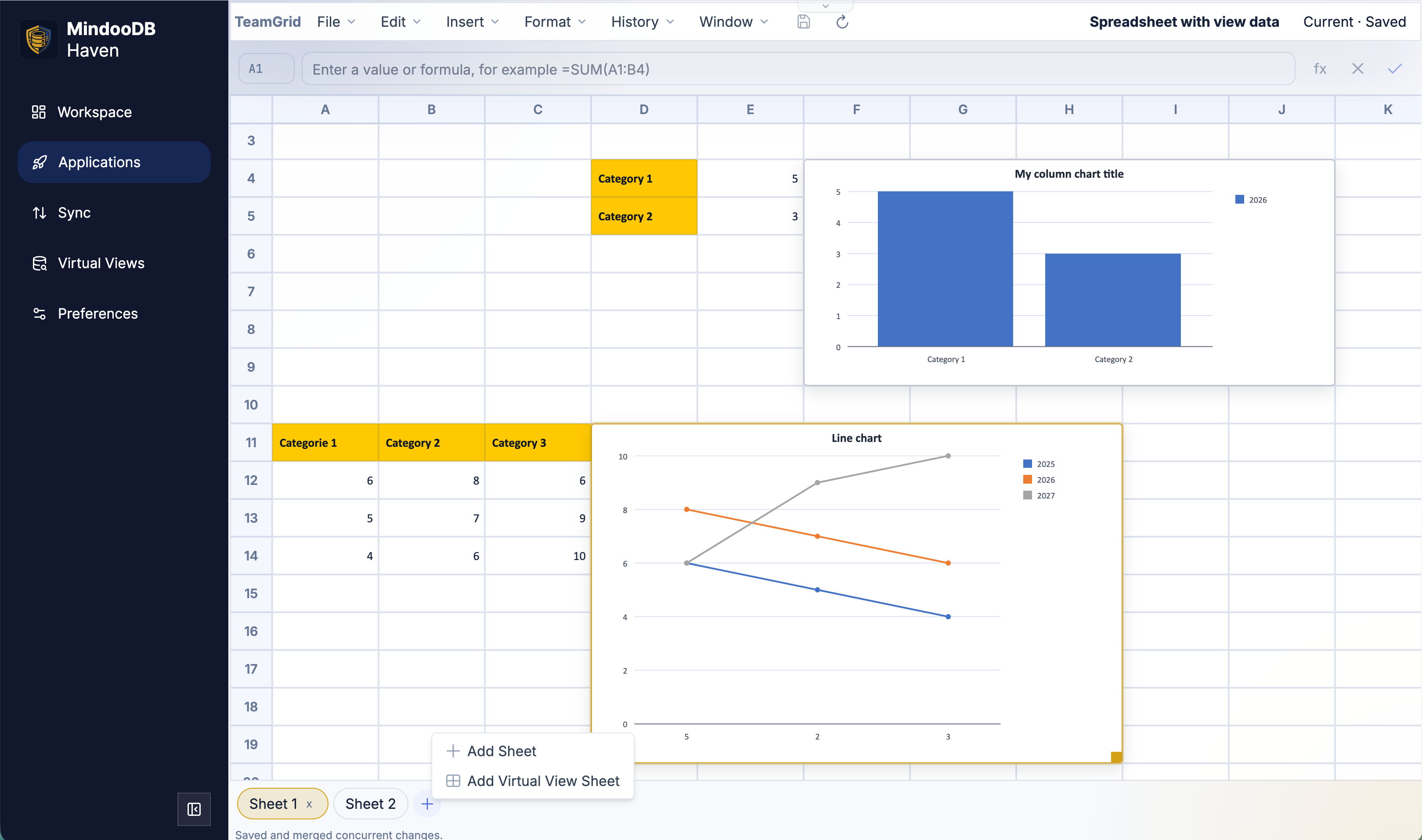 The "+" tab menu open at the bottom of a TeamGrid workbook, offering "Add Sheet" and the new "Add Virtual View Sheet" entries side by side