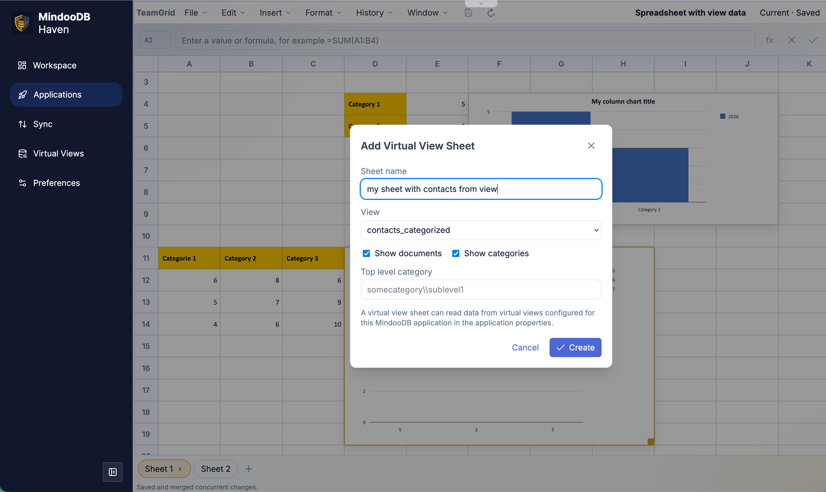 The "Add Virtual View Sheet" dialog in TeamGrid: a Sheet name field set to "my sheet with contacts from view", a View dropdown set to "contacts_categorized", two checkboxes for "Show documents" and "Show categories" (both ticked), and a Top level category field with the example placeholder "somecategory\sublevel1". A short explanation below reads "A virtual view sheet can read data from virtual views configured for this MindooDB application in the application properties"