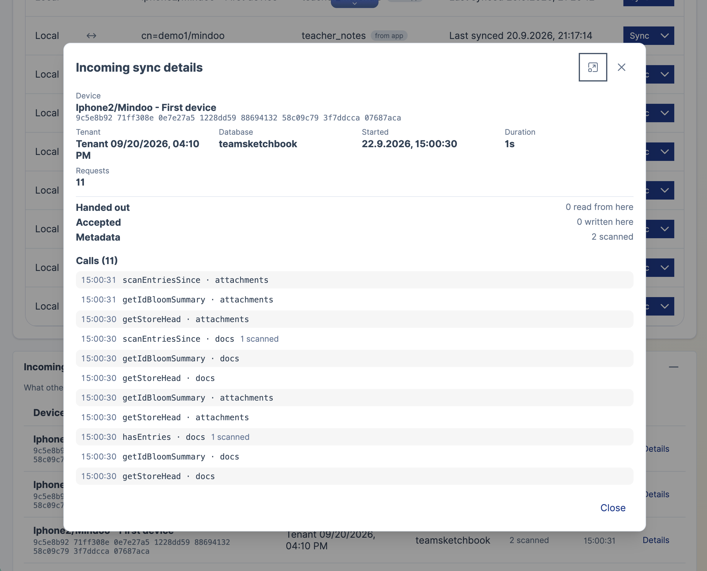 The "Incoming sync details" dialog. It names the device "Iphone2/Mindoo - First device" with its endpoint id, the tenant "Tenant 09/20/2026, 04:10 PM", the database teamsketchbook, a start time of 22.9.2026 15:00:30, a duration of 1s and 11 requests. Three summary rows read "Handed out - 0 read from here", "Accepted - 0 written here" and "Metadata - 2 scanned". Below, a list headed "Calls (11)" shows timestamped RPC names against store kinds: scanEntriesSince and getIdBloomSummary on attachments, getStoreHead on attachments, scanEntriesSince on docs with 1 scanned, getIdBloomSummary and getStoreHead on docs, then getIdBloomSummary and getStoreHead on attachments and hasEntries and getIdBloomSummary and getStoreHead on docs