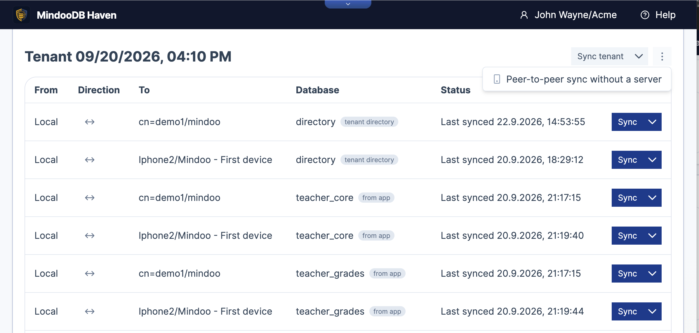 The Haven Sync page for "Tenant 09/20/2026, 04:10 PM" with a "Sync tenant" button and an open three-dot menu showing a single item, "Peer-to-peer sync without a server". Below, the sync table with columns From, Direction, To, Database and Status lists bidirectional rows pairing Local with cn=demo1/mindoo and with Iphone2/Mindoo - First device, for the databases directory and userdirectory tagged "tenant directory" and teacher_core, teacher_grades and others tagged "from app", each with a last-synced timestamp and its own Sync button