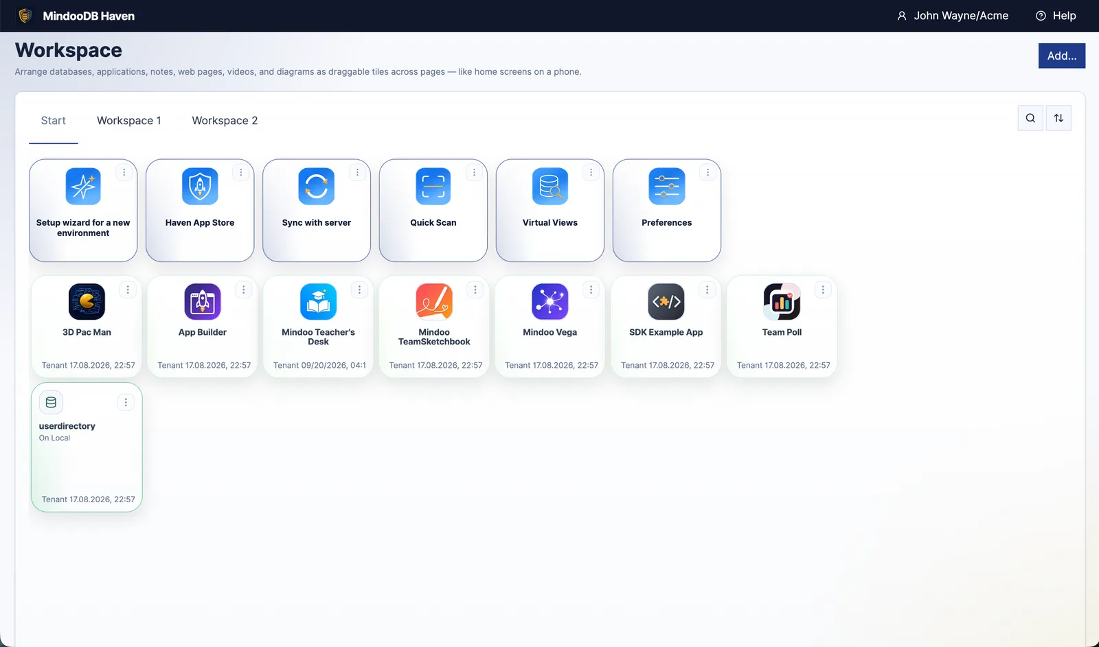 The Haven Workspace page on its Start tab, headed "Workspace" with the note "Arrange databases, applications, notes, web pages, videos, and diagrams as draggable tiles across pages - like home screens on a phone". Signed in as John Wayne/Acme. A first row of tiles holds Setup wizard for a new environment, Haven App Store, Sync with server, Quick Scan, Virtual Views and Preferences; a second row holds the applications - 3D Pac Man, App Builder, Mindoo Teacher's Desk, Mindoo TeamSketchbook, Mindoo Vega, SDK Example App and Team Poll, each with its own generated icon and the tenant it belongs to; below them a userdirectory database tile marked "On Local"