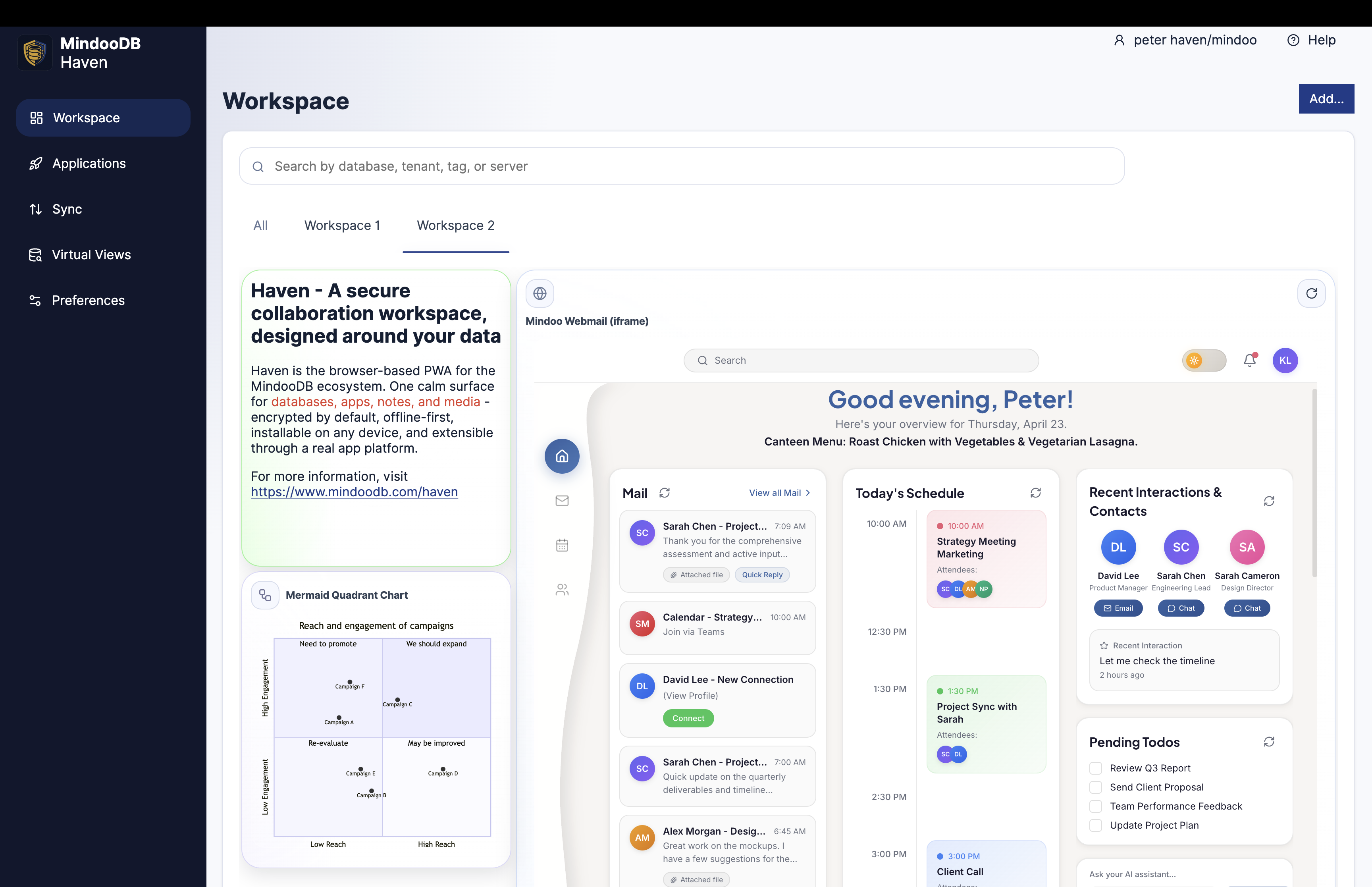 Haven workspace showing webmail and workspace tiles