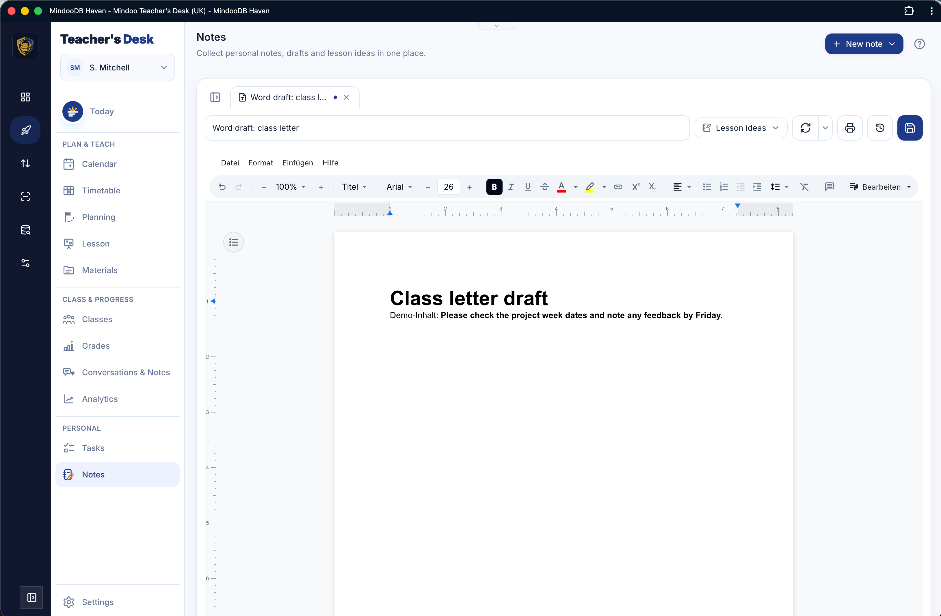 A Word document note open in Teacher's Desk: the note is titled "Word draft: class letter", sits in a tab bar with other open notes, and shows a full document editor with a formatting toolbar, a ruler and a page rendering the heading "Class letter draft"
